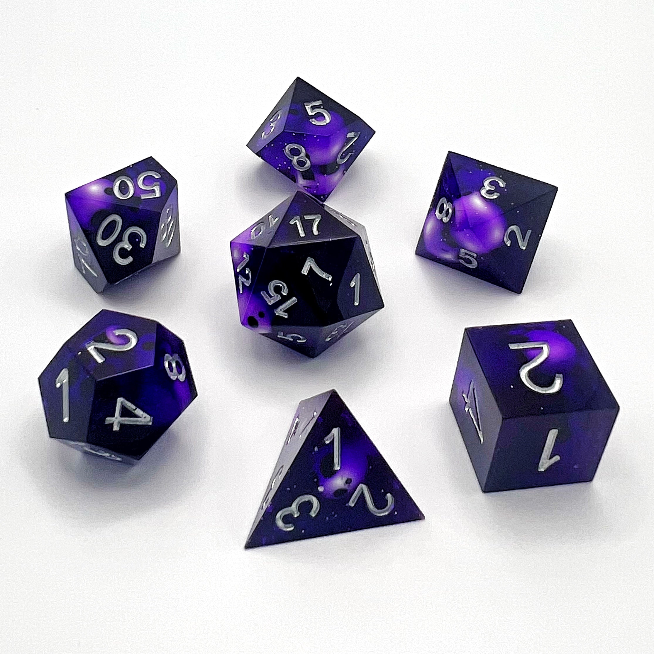 Sharp Edge Resin Dice Set - Transparent Skull Purple w/ Silver