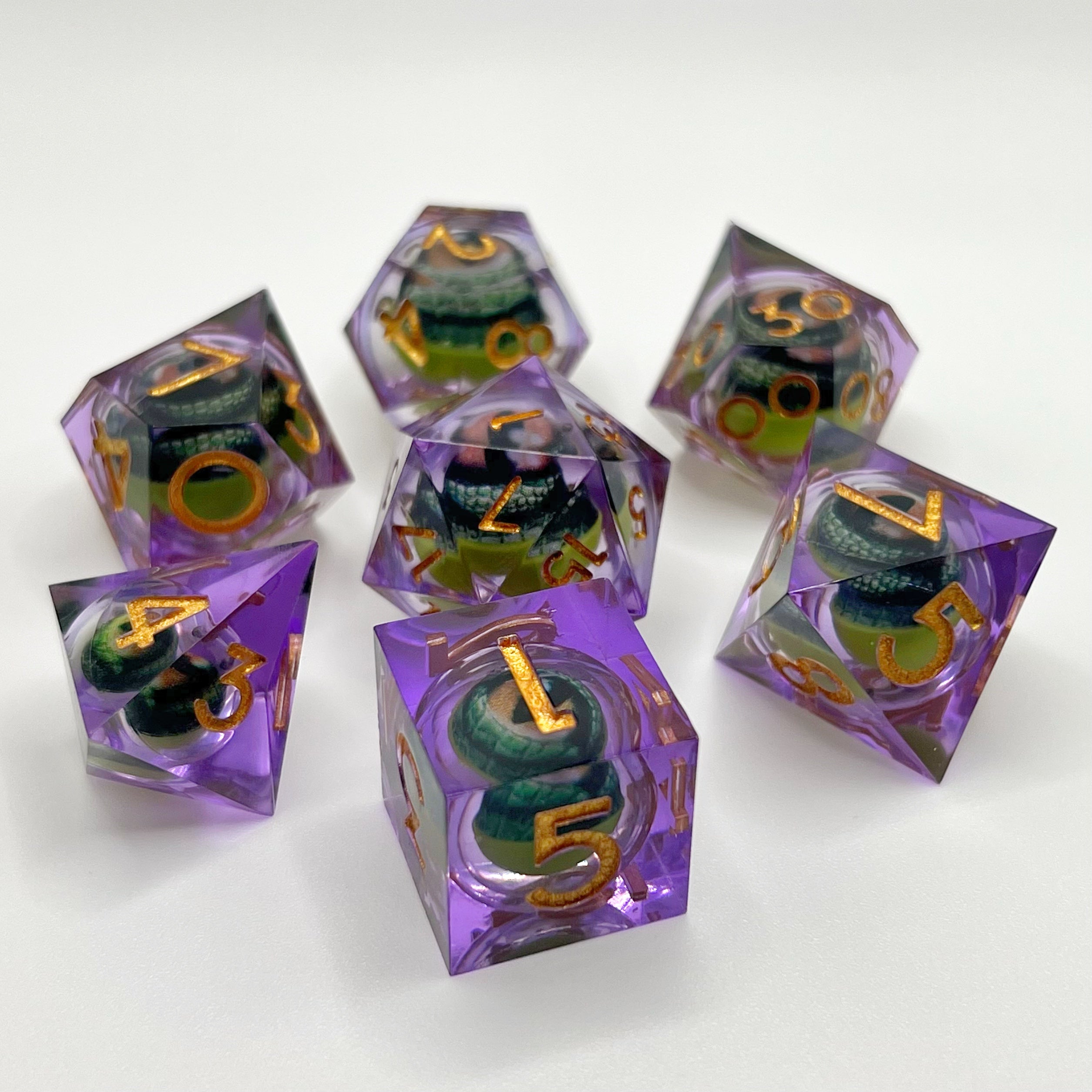 Dragon Eye Liquid Core Dice Set - Transparent Purple w/ Gold