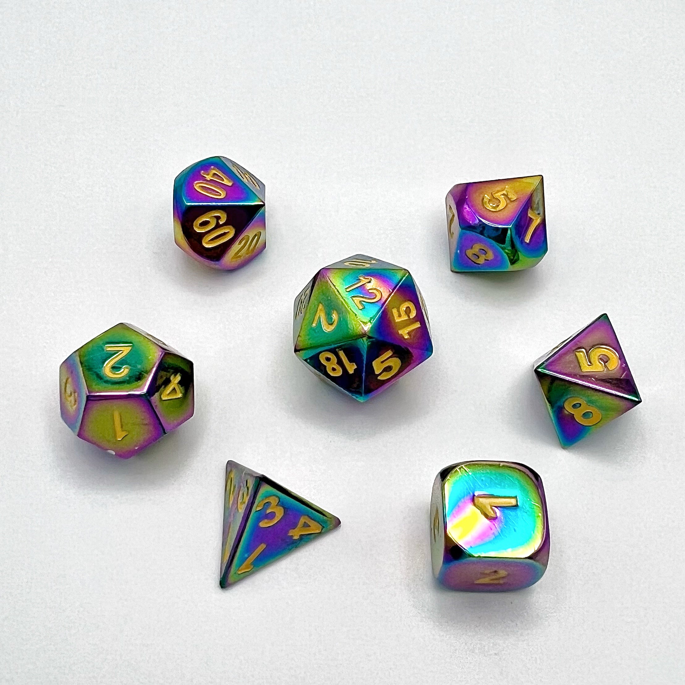 Rainbow Finish Metal Dice Set - Rainbow w/ Gold
