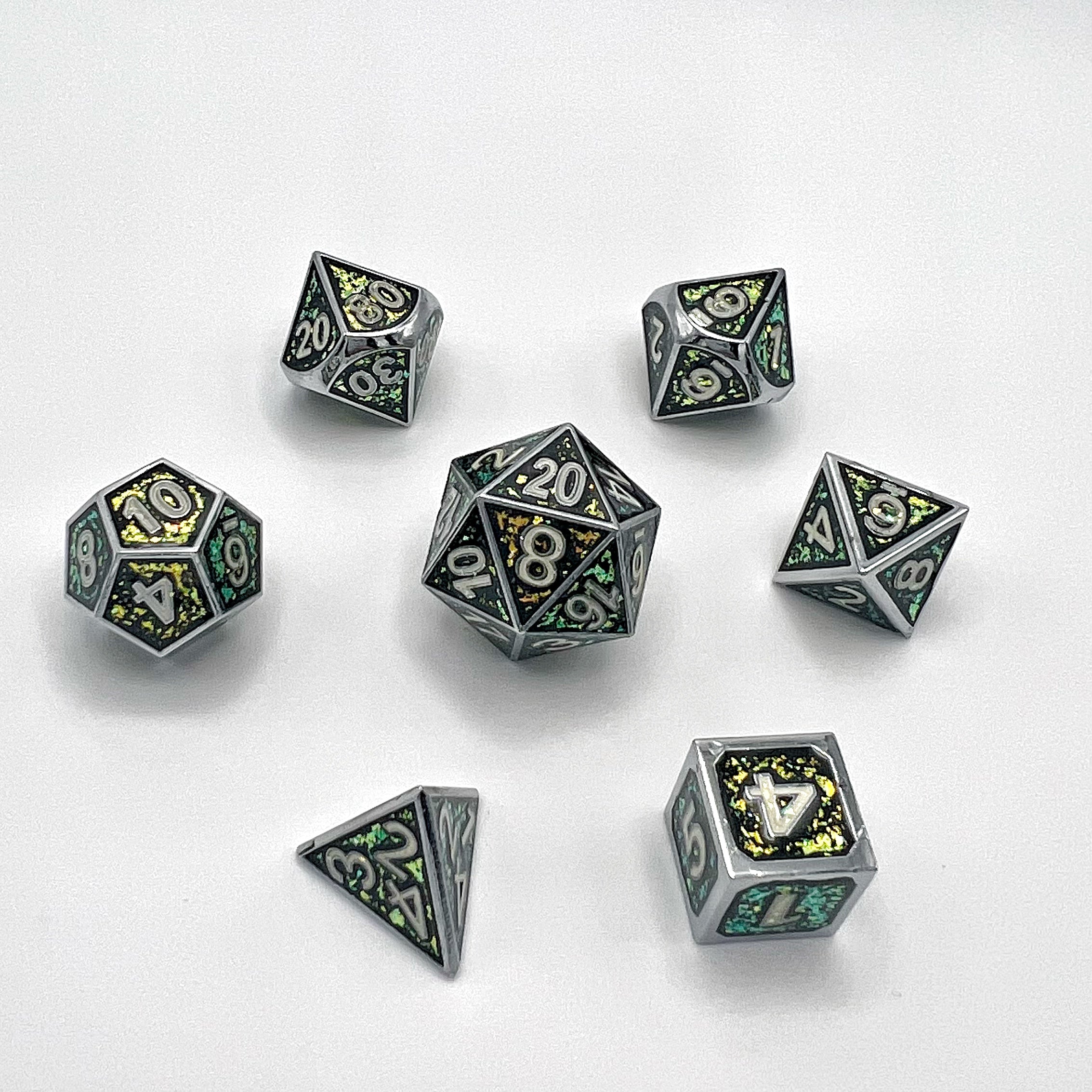 Raised Number Metal Dice Set 2 - Silver, Green Magic Glitter w/ White