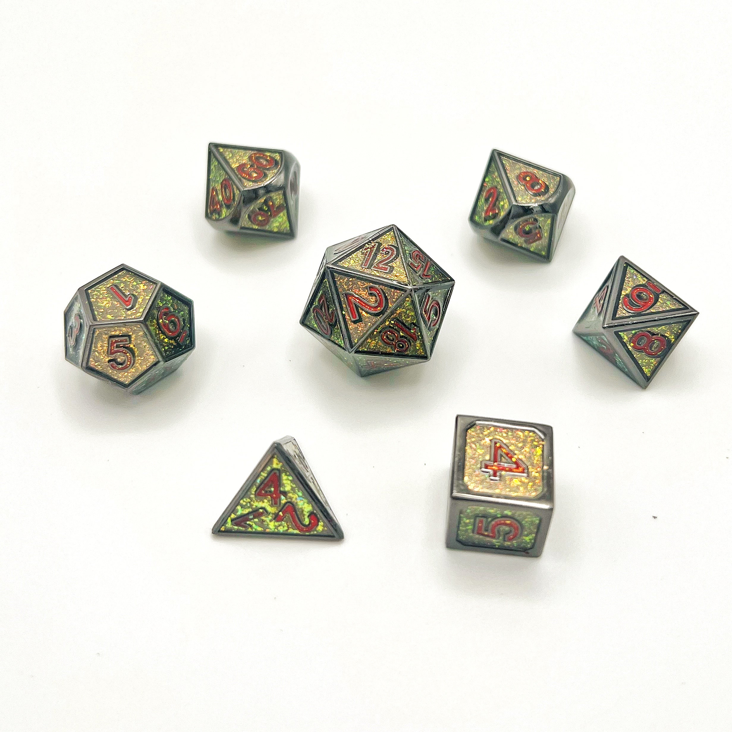 Raised Number Metal Dice Set 2 - Black Nickel, Green Magic Glitter w/ Red