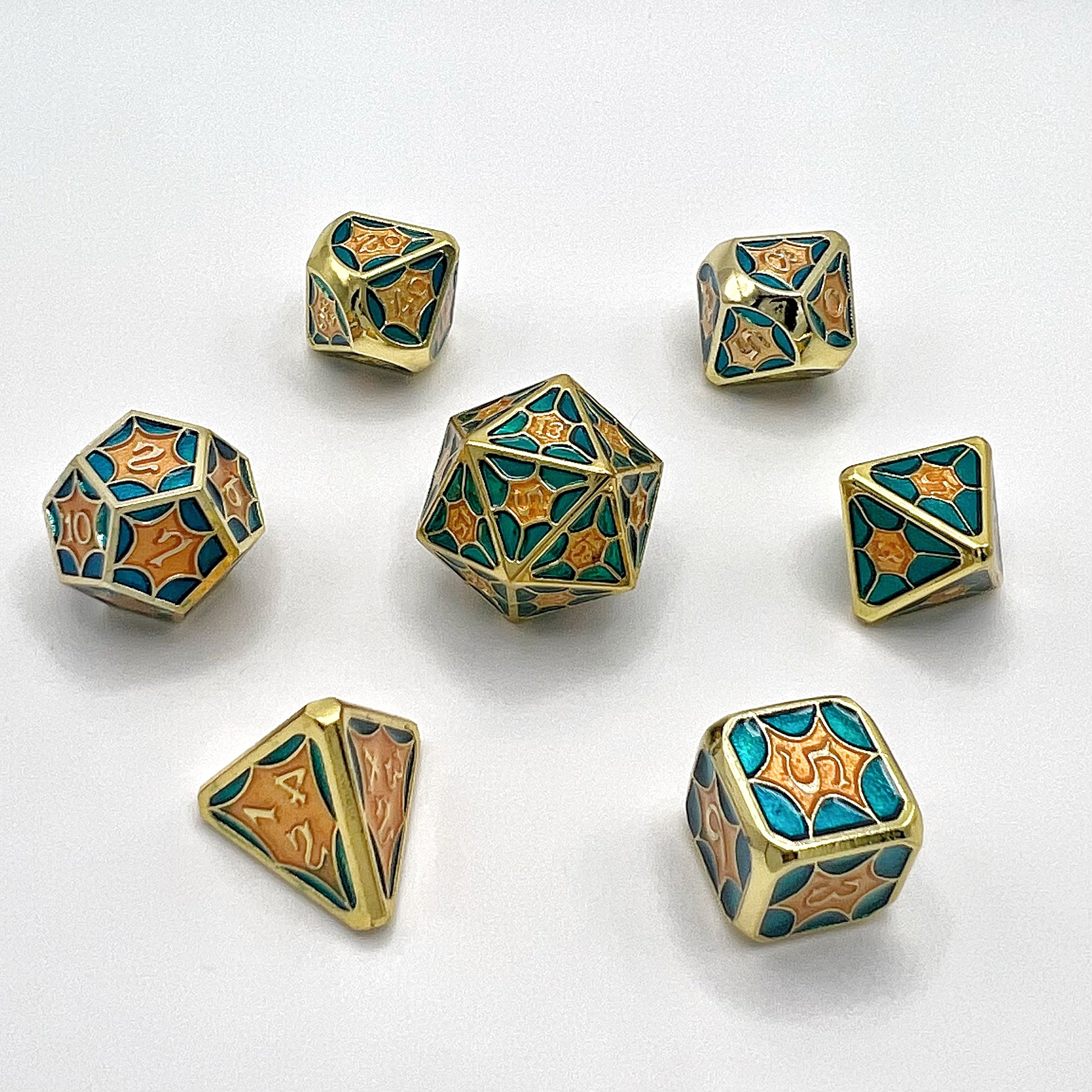 Spider Web Metal Dice Set - Lucent Blue/Yellow w/ Gold